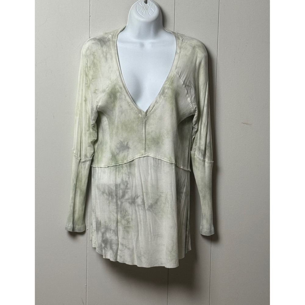 POL Oversized Tie Dye V-Neck Long Sleeve Ribbed Mixed Media Top Green Grey Sz S